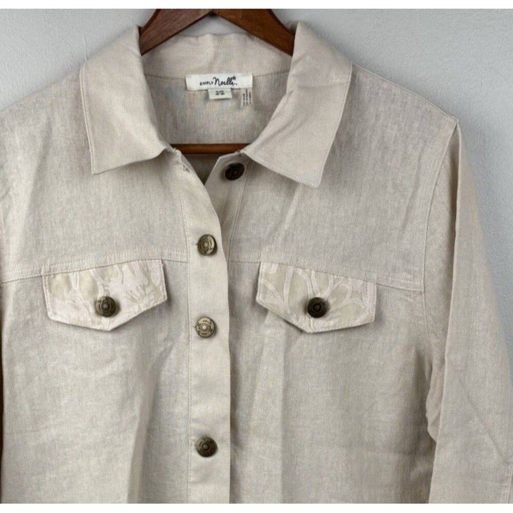 Simply Noelle Jacket Women S/M 8-10 Beige Linen Lace Ruffle Hem Rivet Button - Picture 2 of 13